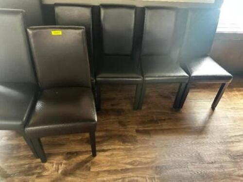 DESCRIPTION (5)BROWN PLEATHER DINING CHAIRS ADDITIONAL INFORMATION DOES NOT MATCH OTHER DINING CHAIRS. THIS LOT IS: TOP BACK LOCATION SEATING QTY 5