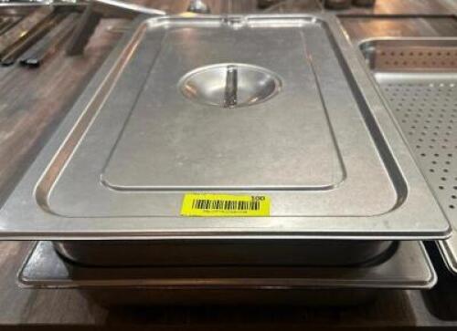 DESCRIPTION (2) FULL SIZE STAINLESS INSERTS W/ LIDS SIZE 2" DEEP THIS LOT IS: SOLD BY THE PIECE LOCATION SEATING QTY 2
