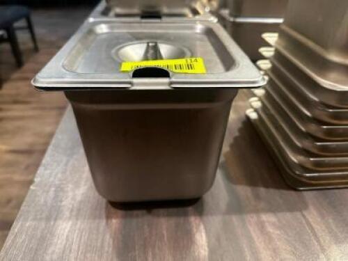 DESCRIPTION (5) 1/6 SIZE STAINLESS INSERTS W/ LIDS SIZE 6" DEEP THIS LOT IS: SOLD BY THE PIECE LOCATION SEATING QTY 5