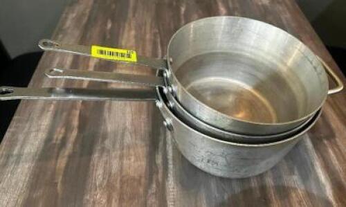DESCRIPTION (3) PIECE ALUMINUM SAUCE POT SET. THIS LOT IS: SOLD BY THE PIECE LOCATION SEATING QTY 3