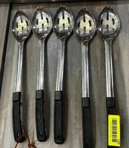 DESCRIPTION (5) SLOTTED STAINLESS SERVING SPOONS THIS LOT IS: SOLD BY THE PIECE LOCATION SEATING QTY 5