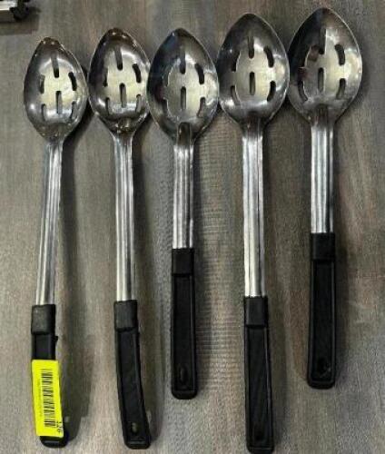 DESCRIPTION (5) SLOTTED STAINLESS SERVING SPOONS THIS LOT IS: SOLD BY THE PIECE LOCATION SEATING QTY 5