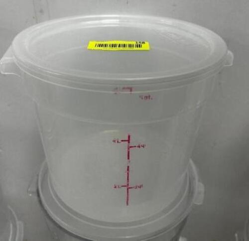 DESCRIPTION (4) 6 QUART PLASTIC CONTAINERS W/ LIDS THIS LOT IS: SOLD BY THE PIECE LOCATION KITCHEN QTY 4