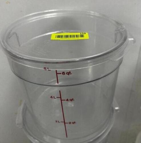 DESCRIPTION (4) 6 QUART PLASTIC CONTAINERS W/ LIDS THIS LOT IS: SOLD BY THE PIECE LOCATION KITCHEN QTY 4