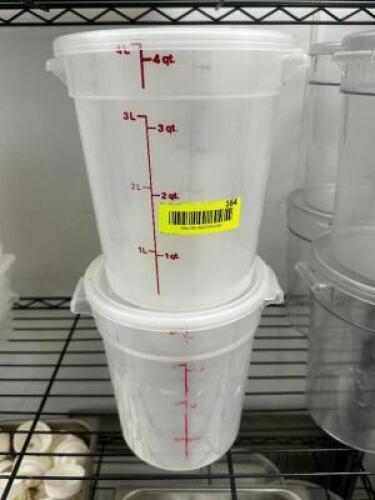DESCRIPTION (4) 4 QUART PLASTIC CONTAINERS W/ LIDS THIS LOT IS: SOLD BY THE PIECE LOCATION KITCHEN QTY 4