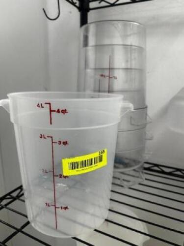 DESCRIPTION (5) 4 QUART PLASTIC CONTAINERS. NO LIDS THIS LOT IS: SOLD BY THE PIECE LOCATION KITCHEN QTY 5