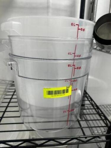 DESCRIPTION (3) 6 QUART PLASTIC CONTAINERS. NO LIDS BRAND / MODEL: Q THIS LOT IS: SOLD BY THE PIECE LOCATION KITCHEN QTY 3
