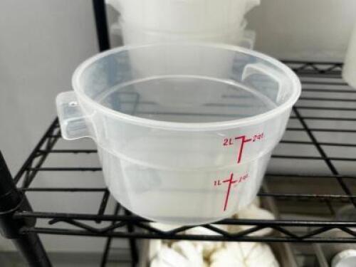 DESCRIPTION (6) 2 QUART PLASTIC CONTAINERS. NO LIDS THIS LOT IS: SOLD BY THE PIECE LOCATION KITCHEN QTY 6