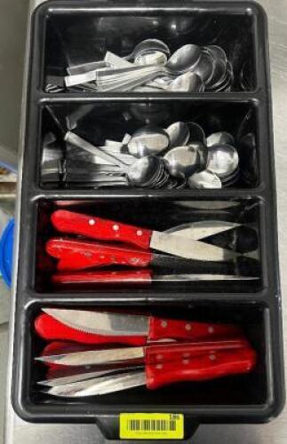 DESCRIPTION SILVERWARE CADDY W/ CONTENTS - STEAK KNIVES AND SPOONS. THIS LOT IS: ONE MONEY LOCATION KITCHEN QTY 1