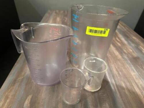 DESCRIPTION (1) LOT OF ASSORTED PLASTIC MEASURING CUPS AND PITCHERS. THIS LOT IS: ONE MONEY LOCATION SEATING QTY 1