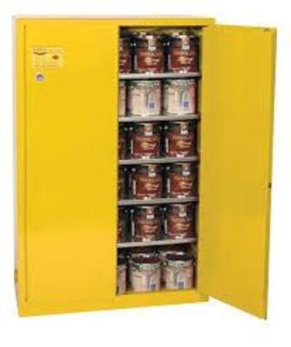 DESCRIPTION: (1) FLAMMABLE SAFETY CABINETBRAND/MODEL: EAGLE #YPI47XINFORMATION: YELLOWSIZE:60 GAL CAPACITY, 43 in x 18 in x 65 inRETAIL$: $1535.00 EAQTY: 1