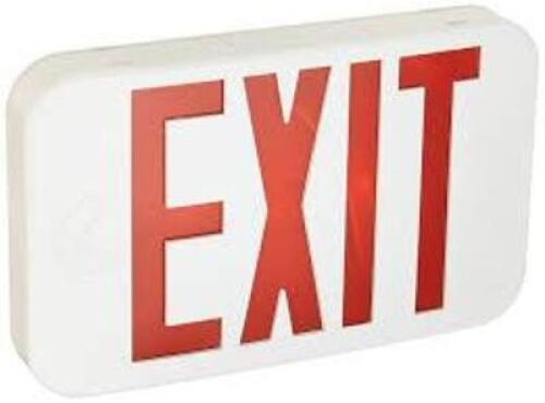 DESCRIPTION: (1) EMERGENCY EXIT LIGHT BRAND/MODEL: LITHONIA LIGHTING #ECBR LED M6 INFORMATION: WHITE SIGN WITH RED LIGHT LETTERS RETAIL$: $115.00 EA Q