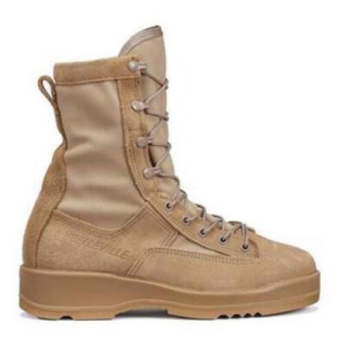 DESCRIPTION: (1) PAIR OF STEEL TOE FLIGHT BOOT BRAND/MODEL: BELLEVILLE #330 INFORMATION: DESERT TAN SIZE: 12.5W RETAIL$: $232.99 EA QTY: 1