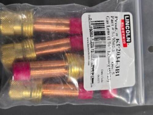 DESCRIPTION: (4) PACK OF (5) GAS LENS BRAND/MODEL: LICOLN ELECTRIC KP2034-3B1 SIZE: 1/16" 1.6mm RETAIL$: $279.60 QTY: 4