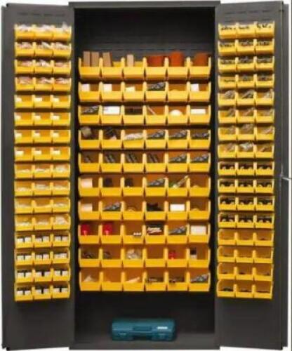DESCRIPTION: (1) BIN STORAGE CABINET BRAND/MODEL: DURHAM/2603-156B-95 INFORMATION: 156-BINS/MUST COME INTO INSPECT CONTENTS RETAIL$: 1,108.31 SIZE: 36