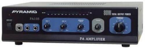 DESCRIPTION: (1) PA AMPLIFIER & MIC TALKOVER BRAND/MODEL: PYRAMID/PA105 INFORMATION: 12V, AC & DC, 110/220V, 80 WATTS RETAIL$: $191.99 SIZE: 3 1/3'' x