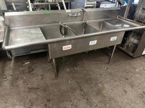 102" THREE WELL STAINLESS POT SINK W/ LEFT AND RIGHT DRY BOARDS.