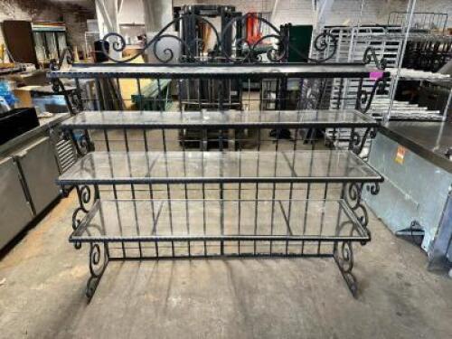 60" FOUR TIER METAL BAKERS RACK W/ GLASS INSERT SHELVING.
