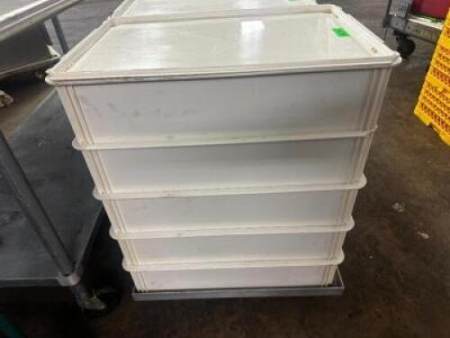 (5) WHITE PLASTIC STACKING DOUGH BOXES W/ DOLLY AND (1) LID.