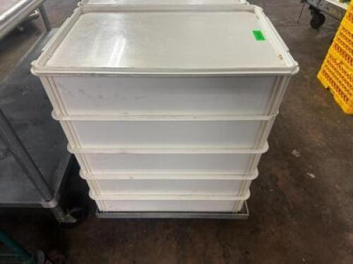 (5) WHITE PLASTIC STACKING DOUGH BOXES W/ DOLLY AND (1) LID.