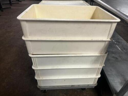 (5) WHITE PLASTIC STACKING DOUGH BOXES W/ DOLLY . NO LID