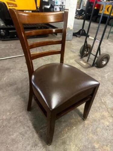 (8) LADDER BACK WOOD CHAIRS W/ BROWN VINYL SEATS.