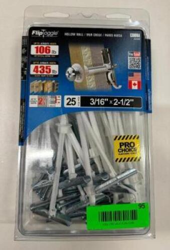 DESCRIPTION: 25CT PACK OF 2-1/2" HOLLOW WALL ANCHORS SIZE: 3/16"X2-1/2" LOCATION: MAIN FLOOR QTY: 1