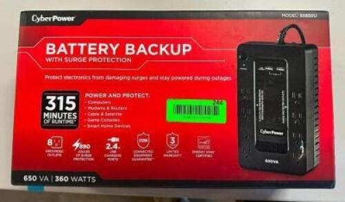 DESCRIPTION: BATTERY BACKUP SURGE PROTECTOR BRAND/MODEL: CYBERPOWER SX650U LOCATION: BOTTOM FLOOR QTY: 1