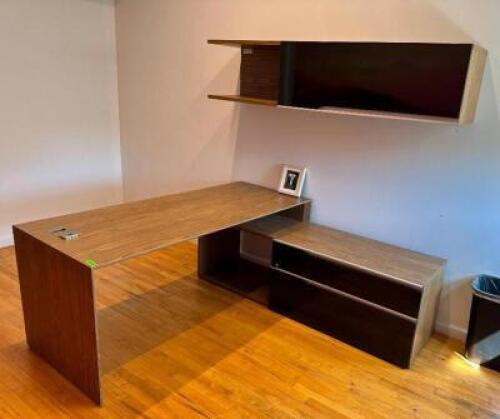 DESCRIPTION: WOODEN DESK WITH WALL MOUNT CABINET LOCATION: 2ND FLOOR QTY: 1