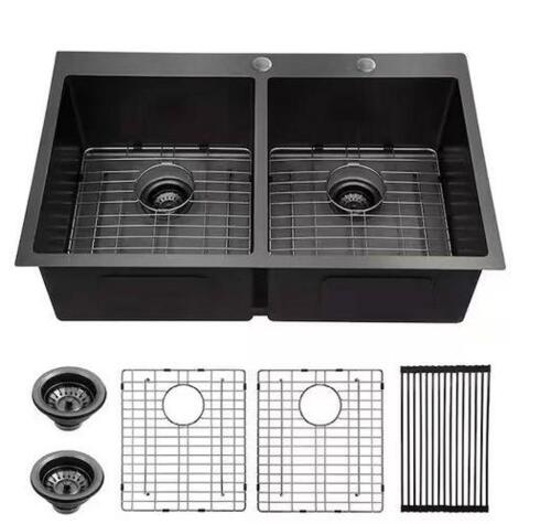Gunmetal Black 16-Gauge Stainless Steel 33 in. Double Bowl 50/50 Drop-In Kitchen Sink with Bottom Grid