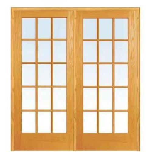 60 in. x 80 in. Right Hand Active Unfinished Pine Glass 15-Lite Clear True Divided Prehung Interior French Door