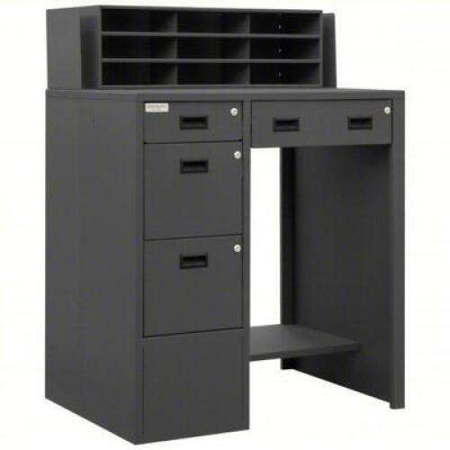 DESCRIPTION: (1) SHOP DESK BRAND/MODEL: DURHAM #1PB42 INFORMATION: GRAY, STEEL, PEDESTAL / PANEL DESK, 4 DRAWERS, 1 SHELF SIZE: 29" X 39" X 52-7/8" RE