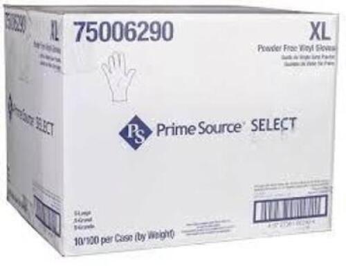 DESCRIPTION: (10) BOXES OF (100) DISPOSABLE GLOVES BRAND/MODEL: PRIME SOURCE #75006290 INFORMATION: WHITE, POWDER FREE VINYL SIZE: XL RETAIL$: $5.19 E