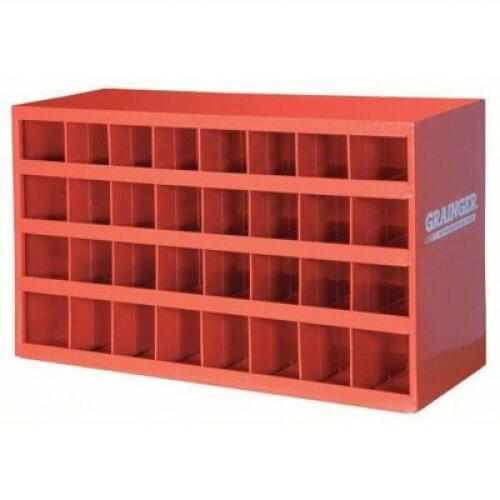 DESCRIPTION: (1) PIGEONHOLE BIN UNIT BRAND/MODEL: DURHAM #5JEM4 INFORMATION: RED, 32 COMPARTMENTS SIZE: 34 IN X 12 IN X 18 IN, 4 IN X 11 7/8 IN X 4 1/