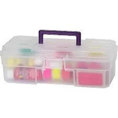 DESCRIPTION: (6) CRAFT BOX, STORAGE CONTAINER WITH LATCH BRAND/MODEL: AKRO-MILLS #44XN98 INFORMATION: CLEAR WITH PURPLE SIZE: 12" RETAIL$: $10.49 EA Q