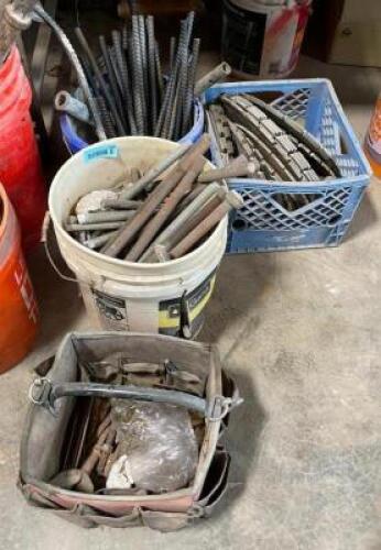 ASSORTED CONCRETE SAW BLADES, IRON STAKES, AND ASSORTED HARDWARE