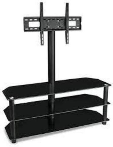 DESCRIPTION: (1) TV CENTER STAND WITH MOUNT AND GLASS SHELVES BRAND/MODEL: MOUNT-IT #MI-863 RETAIL$: $169.99 SIZE: 32-70" TV QTY: 1