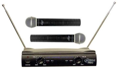DESCRIPTION: (1) WIRELESS MICROPHONE SYSTEM BRAND/MODEL: PYLE/PDWM2500 INFORMATION: DUAL VHF, INCLUDES (2) MICROPHONES SIZE: 1.5'' x 7.75'' x 5.30'' Q