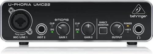 DESCRIPTION: (1) USB AUDIO INTERFACE BRAND/MODEL: BEHRINGER/UMC22 INFORMATION: 2X2 USB AUDIO INTERFACE FOR MICS & INSTRUMENTS QTY: 1