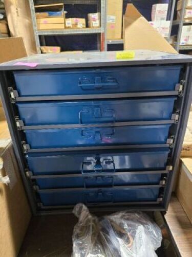 DESCRIPTION: (1) STORAGE BOX WITH SLIDING DRAWERS BRAND/MODEL: DURHAM INFORMATION: STEEL, GRAY, WITH BLUE BOXES SIZE: 6 DRAWER RETAIL$: $169.10 EA QTY