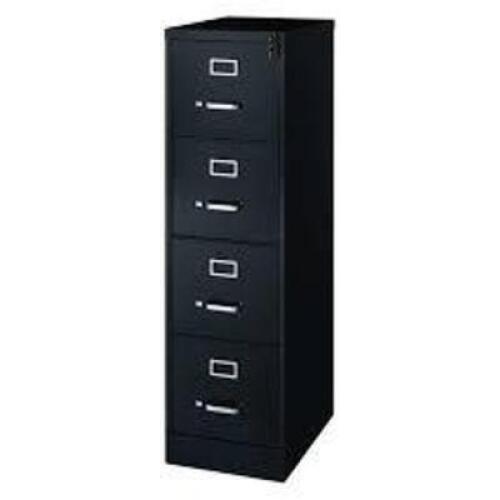 DESCRIPTION: (1) VERTICAL FILING CABINET BRAND/MODEL: HIRSH #17892 INFORMATION: BLACK SIZE: 4 DRAWERS, LETTER FILE SIZE, 15" X 22" X 52" RETAIL$: $272