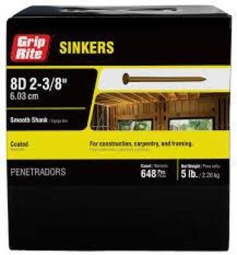 DESCRIPTION: (6) SHANK SINKER NAILS BRAND/MODEL: GRIPRITE #8CTDSKR5 INFORMATION: 5 LB BOXES SIZE: 2-3/8" RETAIL$: $21.98 EA QTY: 6