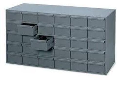 DESCRIPTION: (1) SLIDING DRAWER BIN STORAGE CABINET BRAND/MODEL: DURHAM INFORMATION: STEEL, GRAY SIZE: 30 COMPARTMENTS RETAIL$: $277.99 EA QTY: 1