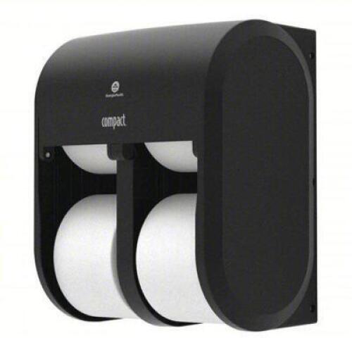 DESCRIPTION: (1) TOILET PAPER DISPENSER BRAND/MODEL: GEORGIA PACIFIC #3APV5 SIZE: Coreless, Vertical Quad Roll, Plastic, Black, Compact&reg; RETAIL$: $35.