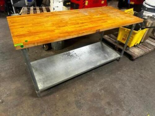 DESCRIPTION 72" X 30" BUTCHER BLOCK TOP TABLE W/ GALVANIZED BASE. SIZE 72" X 30" LOCATION BAY 6 QTY 1