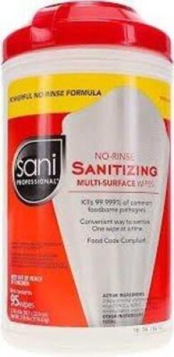 DESCRIPTION: (6) SANITIZING WIPES BRAND/MODEL: SANI PROFESSIONAL #403T85 SIZE: 95 WIPE SPERM CONTAINER RETAIL$: $109.76 TOTAL QTY: 6