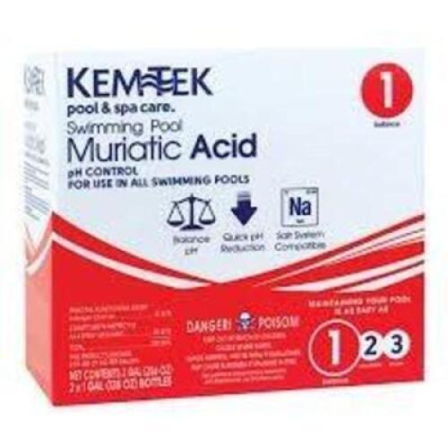 DESCRIPTION: (1) MURIATIC ACID BRAND/MODEL: KEMTEK POOL AND SPA SIZE: 1 GALLON RETAIL$: $20.00 EA QTY: 1
