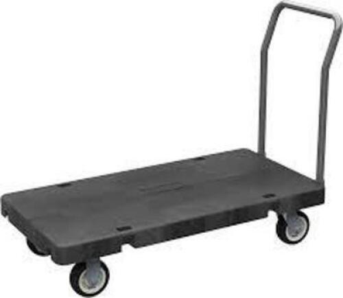 DESCRIPTION: (1) PLATFORM TRUCK, REMOVABLE HANDLE BRAND/MODEL: AKRO-MILLS INFORMATION: BLACK, PLASTIC PLATFORM, STEEL FRAME RETAIL$: $673.94 EA QTY: 1