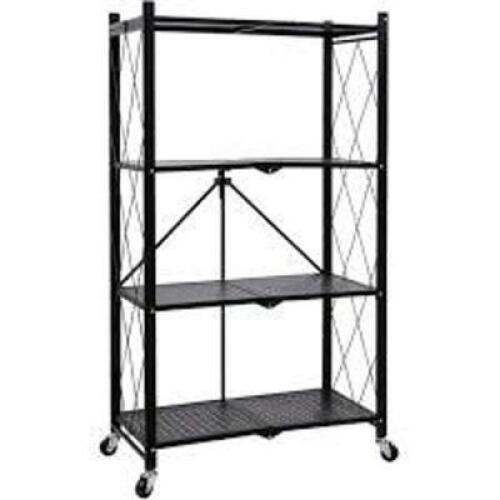DESCRIPTION: (1) POP UP FOLDING SHELVING UNITINFORMATION: BLACK, METALSIZE: 4 SHELVES, APPROX 12" X 28" X 48"RETAIL$: $98.99 EAQTY: 1