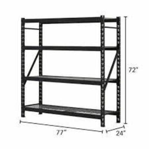 DESCRIPTION: (1) WELDED STORAGE RACKBRAND/MODEL: EDSAL #BW2472W4BLKINFORMATION: BLACK, STEEL, WELDED, 4 LEVELSIZE: 77" W x 24" D x 72"RETAIL$: $299.00 EAQTY: 1
